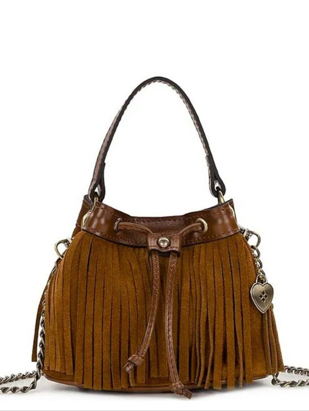 Patricia Nash Brown Suede Fringe Drawstring Mini Hobo And Crossbody Bag